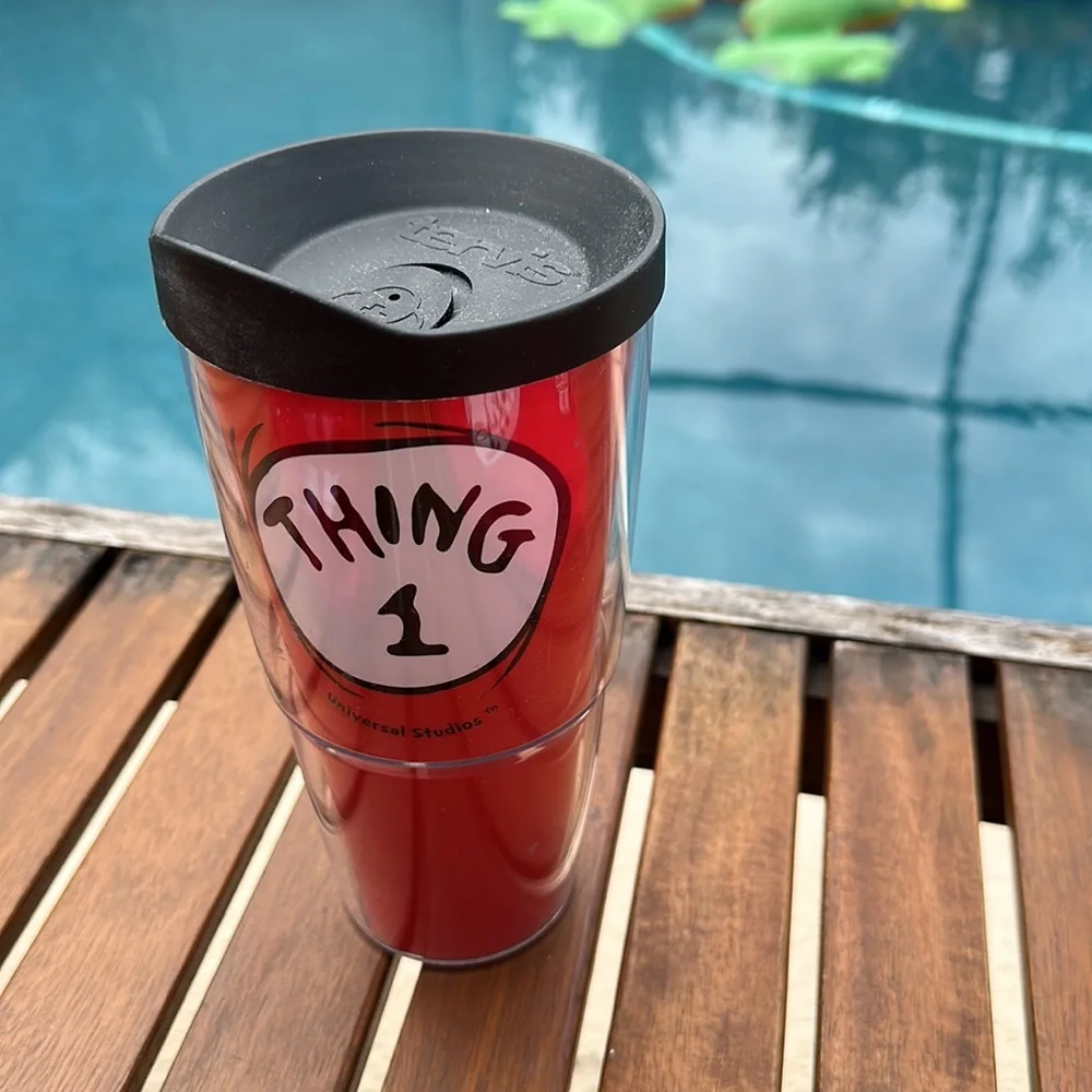 Universal Studios Thing 1 hat, large sleeveless T-shirt & Tervis cup with lid